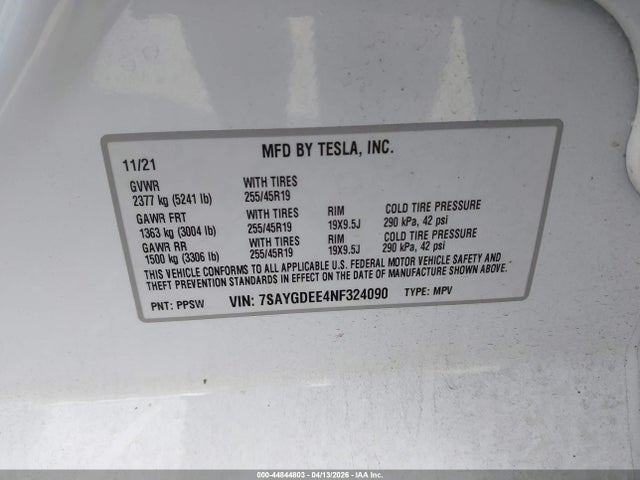 2022 Tesla Model Y Long Range Dual Motor All-wheel Drive მანქანა იყიდება აუქციონზე, vin: 7SAYGDEE4NF324090, აუქციონის ნომერი: 44844803