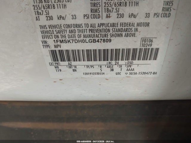 Продаж на аукціоні авто 2020 Ford Explorer Xlt, vin: 1FMSK7DH0LGB47809, номер лоту: 44844806