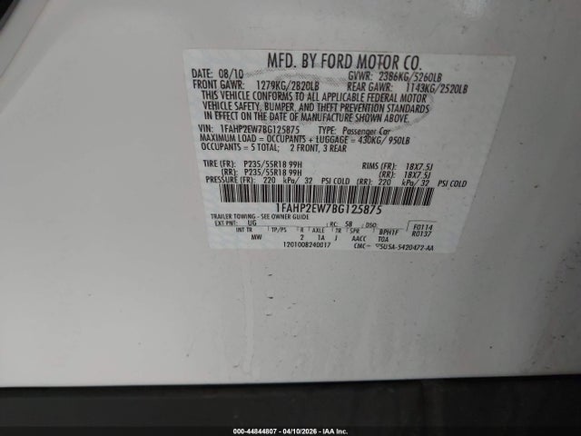 2011 Ford Taurus Sel მანქანა იყიდება აუქციონზე, vin: 1FAHP2EW7BG125875, აუქციონის ნომერი: 44844807