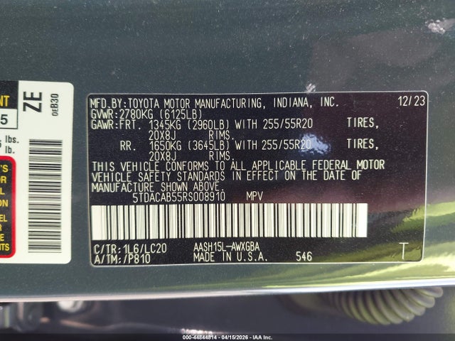 44844814 :رقم المزاد ، 5TDACAB55RS008910 vin ، 2024 Toyota Grand Highlander Hybrid Limited مزاد بيع
