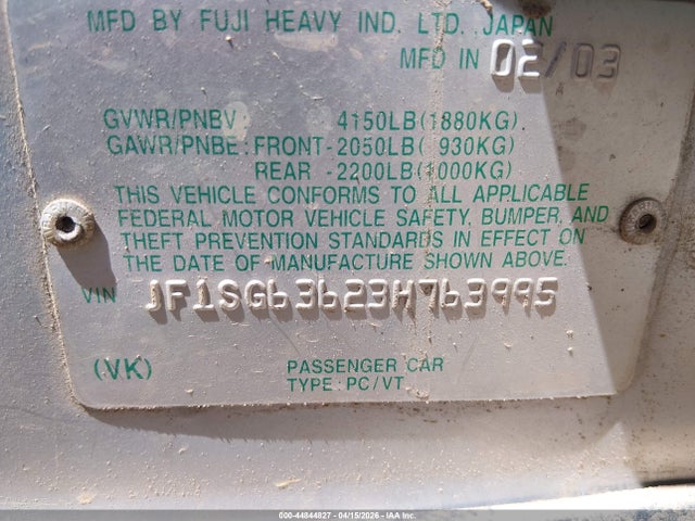 Aukcja sprzedaży 2003 Subaru Forester X, vin: JF1SG63623H763995, numer aukcji: 44844827