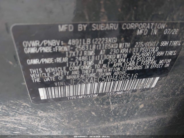 2022 Subaru Forester Premium მანქანა იყიდება აუქციონზე, vin: JF2SKAEC5NH496516, აუქციონის ნომერი: 44844831