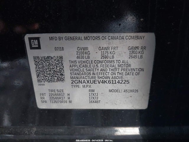 Продаж на аукціоні авто 2019 Chevrolet Equinox Lt, vin: 2GNAXUEV4K6114225, номер лоту: 44844836