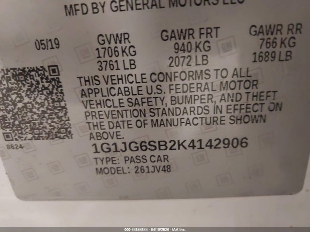 44844844 :رقم المزاد ، 1G1JG6SB2K4142906 vin ، 2019 Chevrolet Sonic Lt Auto مزاد بيع