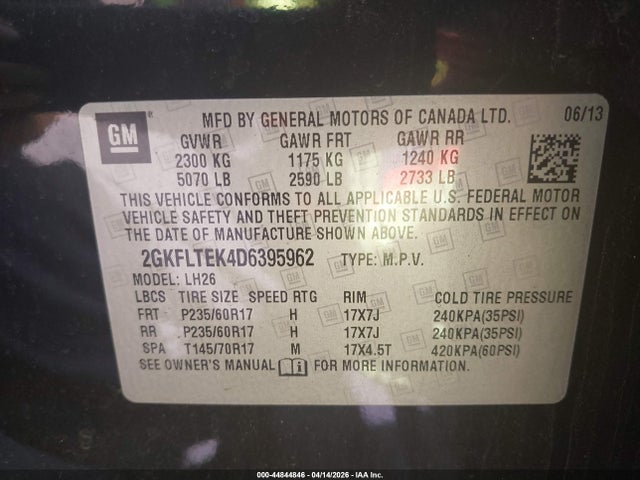 Продажа на аукционе авто 2013 Gmc Terrain Sle-2, vin: 2GKFLTEK4D6395962, номер лота: 44844846