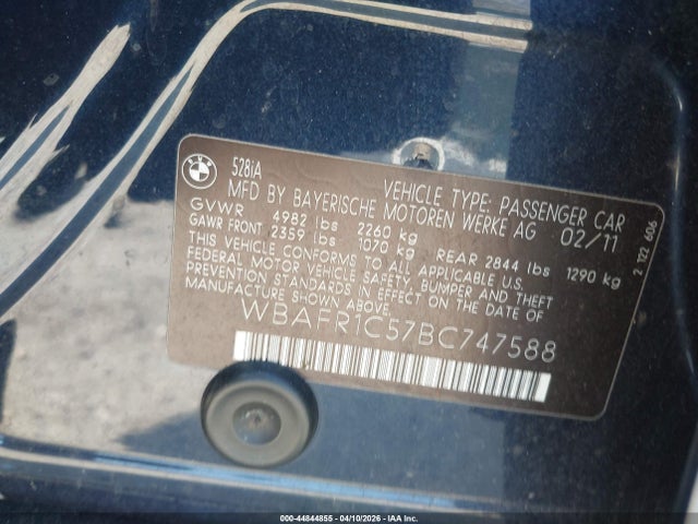 44844855 :رقم المزاد ، WBAFR1C57BC747588 vin ، 2011 Bmw 528i مزاد بيع