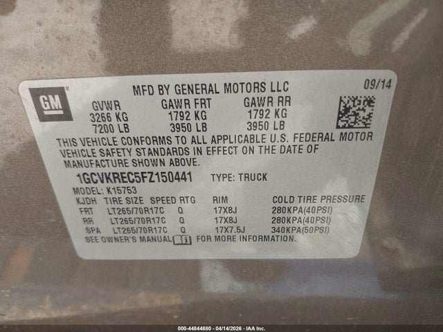 Продажа на аукционе авто 2015 Chevrolet Silverado 1500 1lt, vin: 1GCVKREC5FZ150441, номер лота: 44844880