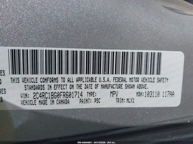 2015 Chrysler Town & Country Touring მანქანა იყიდება აუქციონზე, vin: 2C4RC1BG0FR601714, აუქციონის ნომერი: 44844891