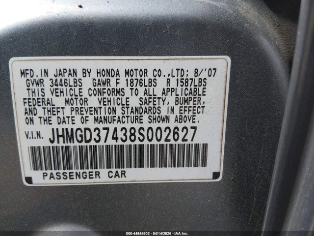 Aukcja sprzedaży 2008 Honda Fit, vin: JHMGD37438S002627, numer aukcji: 44844902