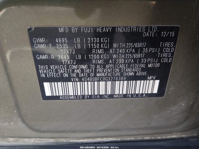 Продаж на аукціоні авто 2016 Subaru Outback 2.5i Premium, vin: 4S4BSBFC0G3276389, номер лоту: 44844904