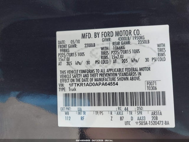 44844906 :رقم المزاد ، 1FTKR1AD0APA64554 vin ، 2010 Ford Ranger Xl/xlt مزاد بيع