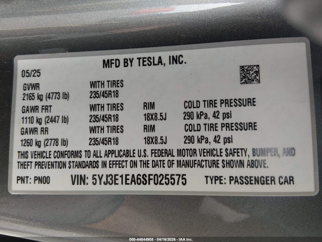 2025 Tesla Model 3 Long Range Rear-wheel Drive/standard Rear-wheel Drive მანქანა იყიდება აუქციონზე, vin: 5YJ3E1EA6SF025575, აუქციონის ნომერი: 44844908