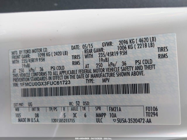 44844909 :رقم المزاد ، 1FMCU0GX3FUC61723 vin ، 2015 Ford Escape Se مزاد بيع