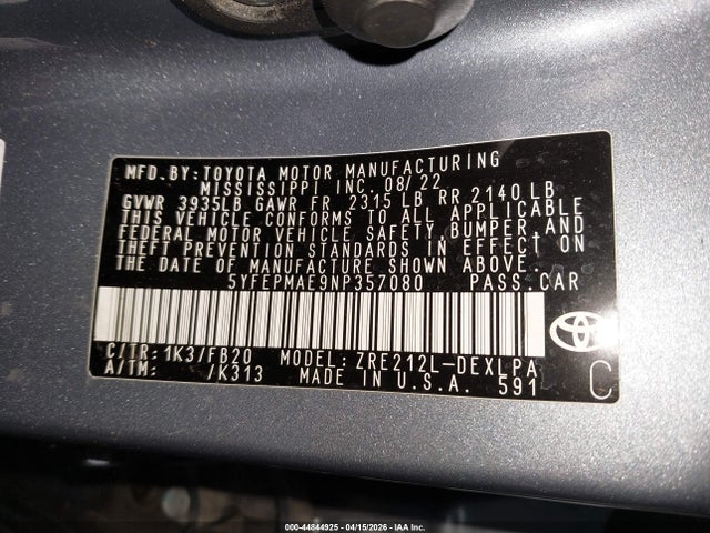 Aukcja sprzedaży 2022 Toyota Corolla Le, vin: 5YFEPMAE9NP357080, numer aukcji: 44844925