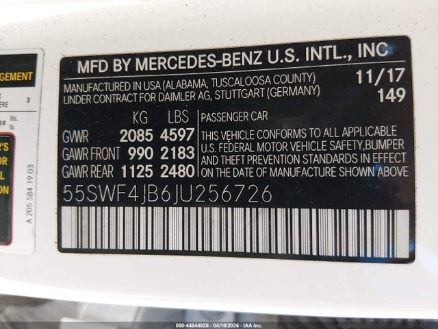 2018 Mercedes-benz C 300 მანქანა იყიდება აუქციონზე, vin: 55SWF4JB6JU256726, აუქციონის ნომერი: 44844926