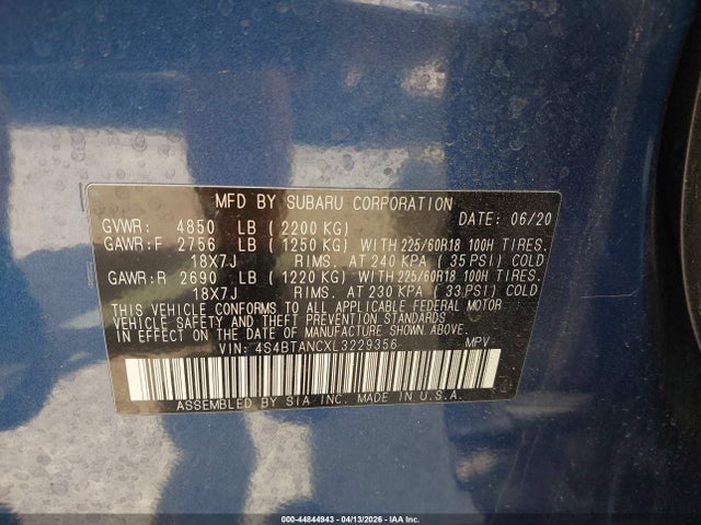 Продаж на аукціоні авто 2020 Subaru Outback Limited, vin: 4S4BTANCXL3229356, номер лоту: 44844943