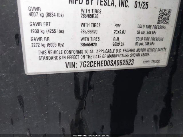 44844952 :رقم المزاد ، 7G2CEHED0SA062523 vin ، 2025 Tesla Cybertruck All-wheel Drive مزاد بيع
