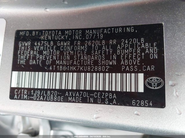 4T1B61HK7KU828802 Toyota CAMRY XSE