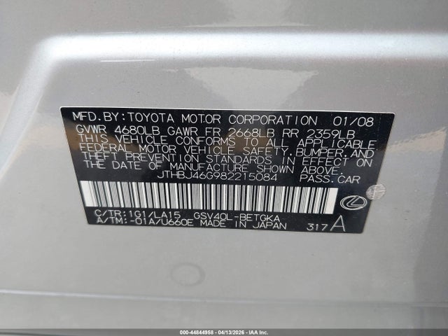 44844958 :رقم المزاد ، JTHBJ46G982215084 vin ، 2008 Lexus Es 350 مزاد بيع