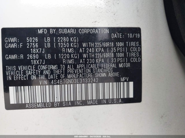 Продаж на аукціоні авто 2020 Subaru Outback Limited Xt, vin: 4S4BTGND3L3133242, номер лоту: 44844961