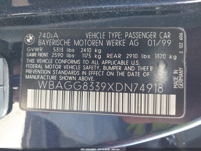 Продаж на аукціоні авто 1999 Bmw 740ia, vin: WBAGG8339XDN74918, номер лоту: 44844963