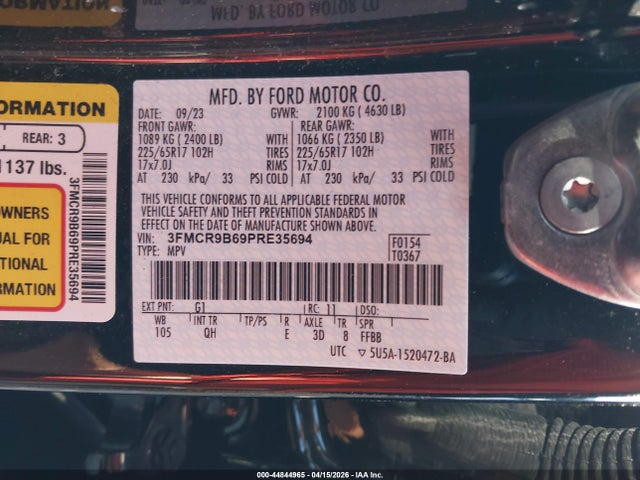 2023 Ford Bronco Sport Big Bend მანქანა იყიდება აუქციონზე, vin: 3FMCR9B69PRE35694, აუქციონის ნომერი: 44844965
