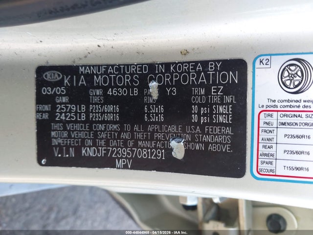 Продаж на аукціоні авто 2005 Kia Sportage Ex V6/lx V6, vin: KNDJF723957081291, номер лоту: 44844968