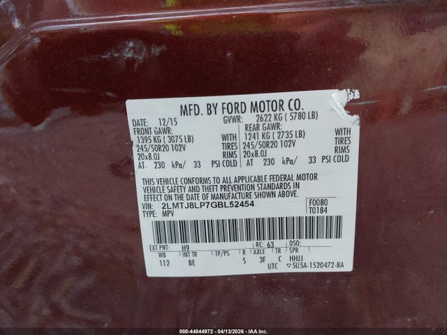 Aukcja sprzedaży 2016 Lincoln Mkx Reserve, vin: 2LMTJ8LP7GBL52454, numer aukcji: 44844972