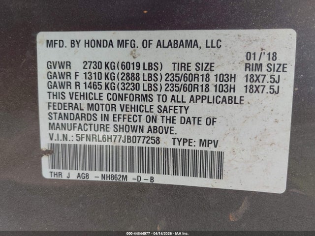 Honda Odyssey Ex-l 2018 5FNRL6H77JB077258 Image 9