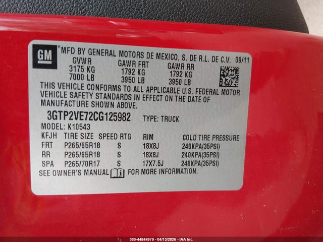 Aukcja sprzedaży 2012 Gmc Sierra 1500 Sle, vin: 3GTP2VE72CG125982, numer aukcji: 44844979
