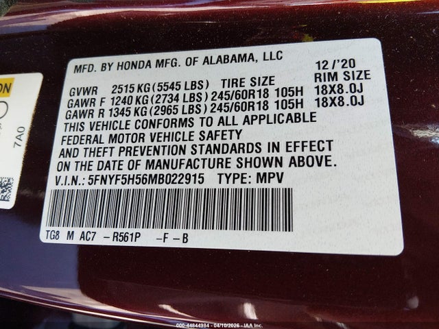 2021 Honda Pilot 2wd Ex-l მანქანა იყიდება აუქციონზე, vin: 5FNYF5H56MB022915, აუქციონის ნომერი: 44844984