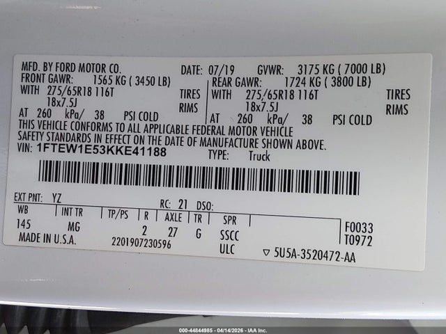 Продаж на аукціоні авто 2019 Ford F-150 Xlt, vin: 1FTEW1E53KKE41188, номер лоту: 44844985