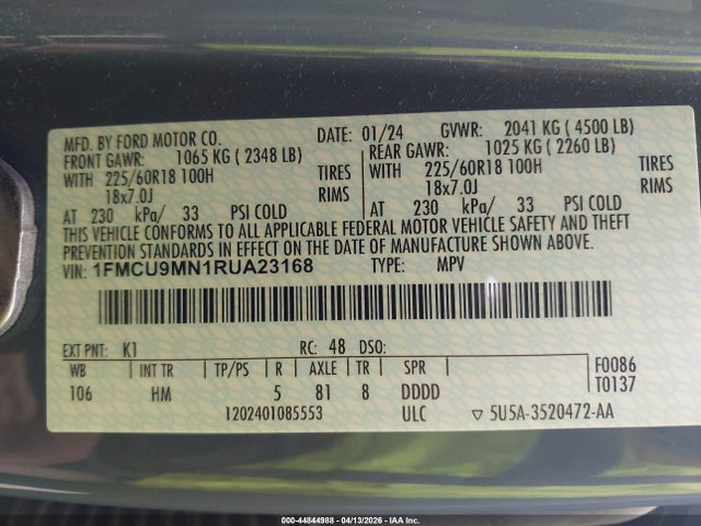 2024 Ford Escape St-line მანქანა იყიდება აუქციონზე, vin: 1FMCU9MN1RUA23168, აუქციონის ნომერი: 44844988