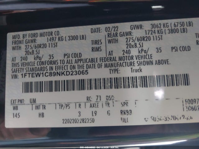 Ford F-150 Lariat 2022 1FTEW1C89NKD23065 Image 9