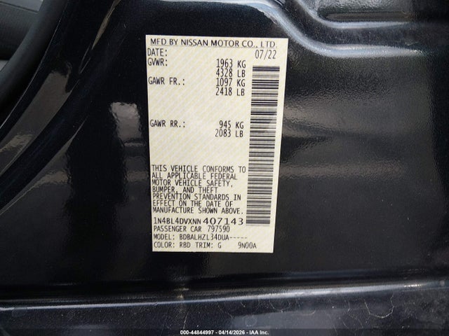 Продаж на аукціоні авто 2022 Nissan Altima Sv Fwd, vin: 1N4BL4DVXNN407143, номер лоту: 44844997