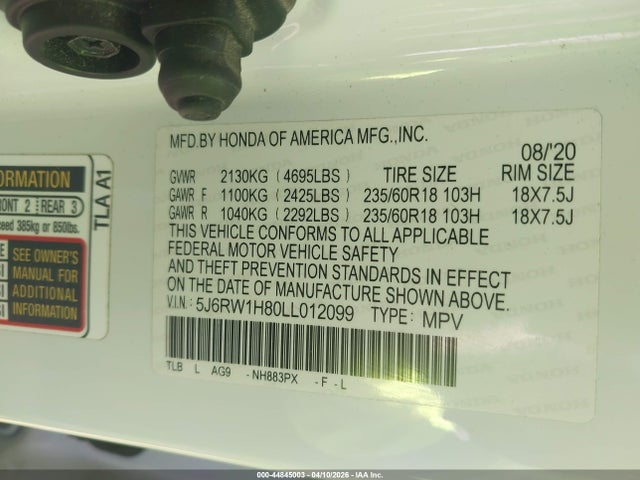 Aukcja sprzedaży 2020 Honda Cr-v 2wd Ex-l, vin: 5J6RW1H80LL012099, numer aukcji: 44845003