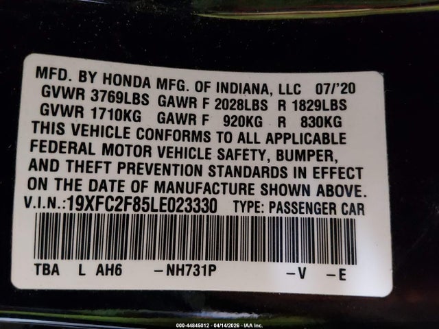 44845012 :رقم المزاد ، 19XFC2F85LE023330 vin ، 2020 Honda Civic Sport مزاد بيع