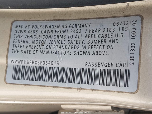 2003 Volkswagen Passat Glx მანქანა იყიდება აუქციონზე, vin: WVWRH63BX3P054515, აუქციონის ნომერი: 44845017