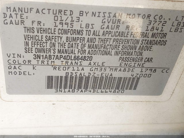 Aukcja sprzedaży 2013 Nissan Sentra Sv, vin: 3N1AB7AP4DL664820, numer aukcji: 44845030