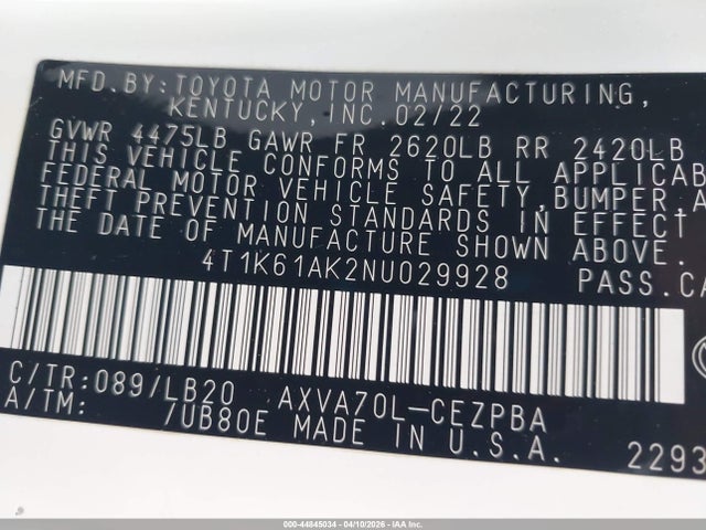 Продаж на аукціоні авто 2022 Toyota Camry Xse, vin: 4T1K61AK2NU029928, номер лоту: 44845034