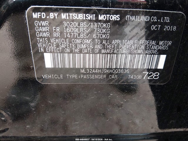 Aukcja sprzedaży 2019 Mitsubishi Mirage Se, vin: ML32A4HJ9KH003836, numer aukcji: 44845037