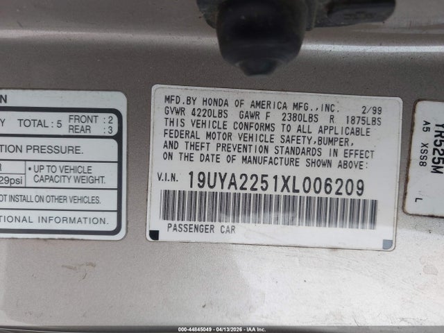 Aukcja sprzedaży 1999 Acura Cl 3.0, vin: 19UYA2251XL006209, numer aukcji: 44845049