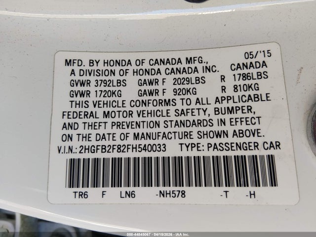 Honda CIVIC EX 2015 2HGFB2F82FH540033 Image 9