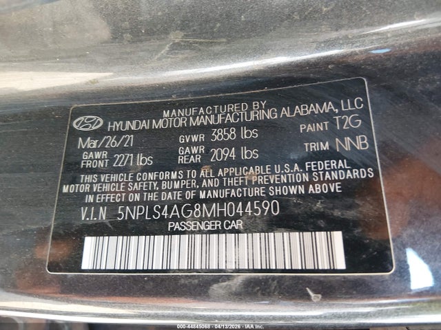 44845068 :رقم المزاد ، 5NPLS4AG8MH044590 vin ، 2021 Hyundai Elantra Sel مزاد بيع