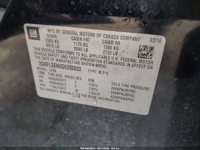 Aukcja sprzedaży 2016 Gmc Terrain Sle-1, vin: 2GKFLSEK6G6292833, numer aukcji: 44845074