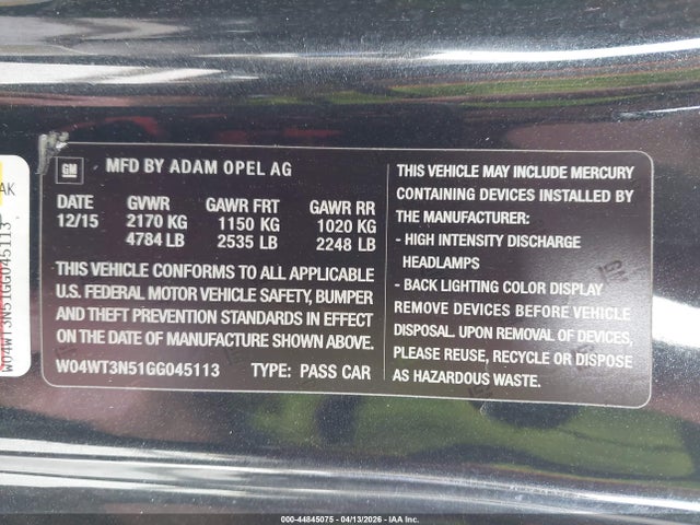 2016 Buick Cascada Premium მანქანა იყიდება აუქციონზე, vin: W04WT3N51GG045113, აუქციონის ნომერი: 44845075
