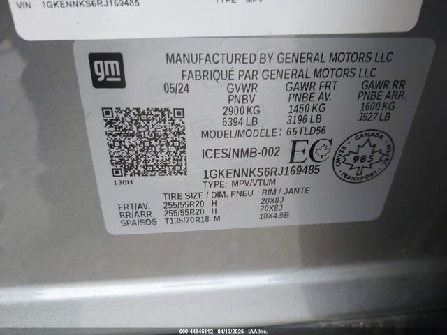 44845112 :رقم المزاد ، 1GKENNKS6RJ169485 vin ، 2024 Gmc Acadia Elevation مزاد بيع
