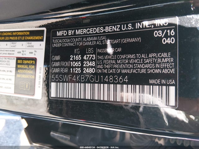 44845134 :رقم المزاد ، 55SWF4KB7GU148364 vin ، 2016 Mercedes-benz C 300 4matic مزاد بيع