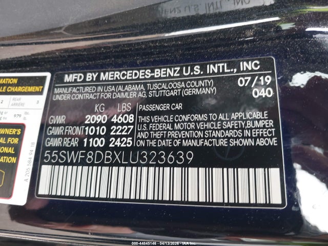 44845146 :رقم المزاد ، 55SWF8DBXLU323639 vin ، 2020 Mercedes-benz C 300 مزاد بيع