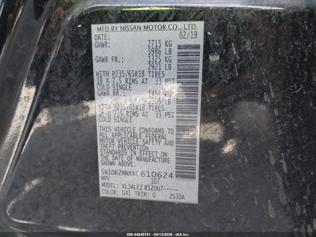 44845151 :رقم المزاد ، 5N1DR2MNXKC610624 vin ، 2019 Nissan Pathfinder Sv مزاد بيع